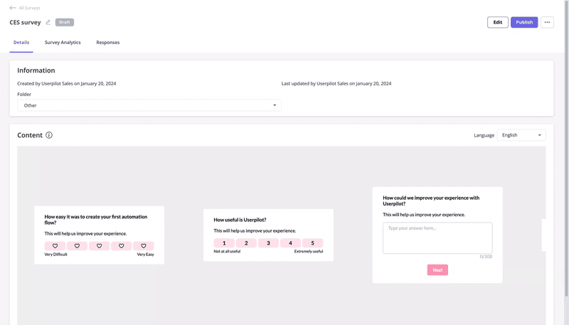 Build, customize and deploy CES surveys without coding in Userpilot.