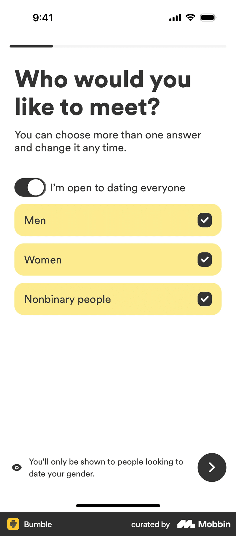 Bumble signup survey showcasing app onboarding best practices