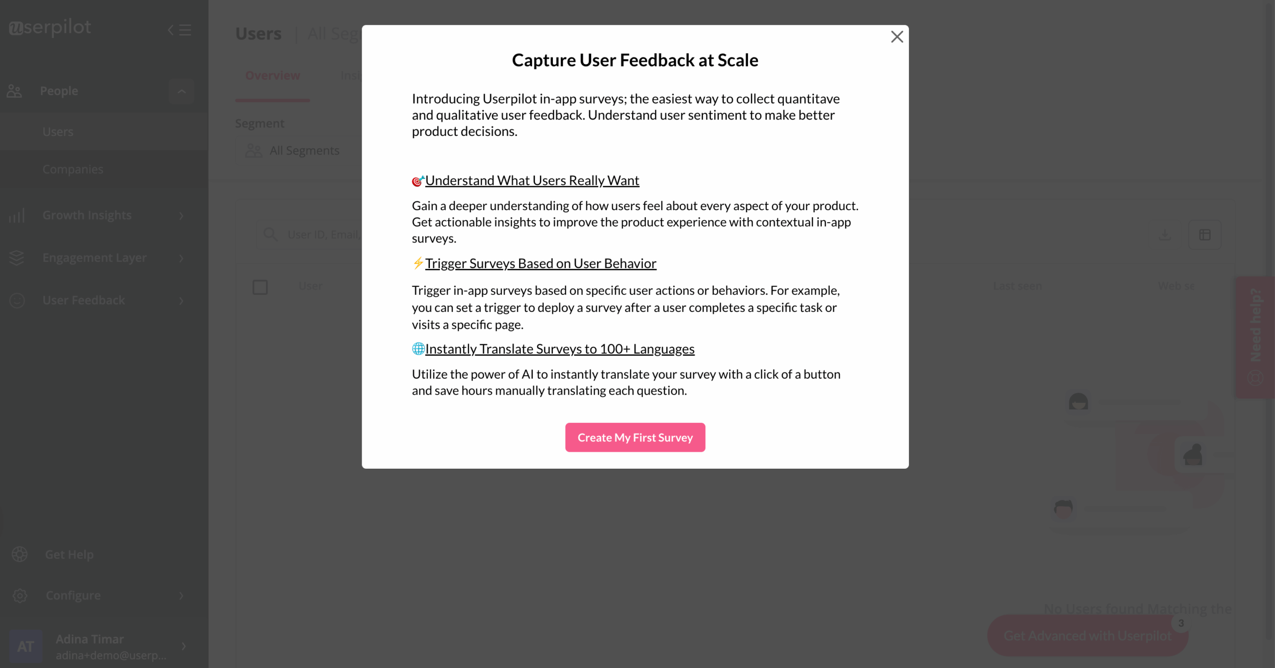 Use modals to point out the new feature and prompt users to engage with them.