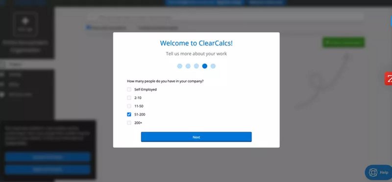 A screenshot of ClearCalc welcome screen collecting users company size