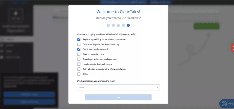 ClearCalcs collects data on user roles, goals, and company size to create personalized onboarding.
