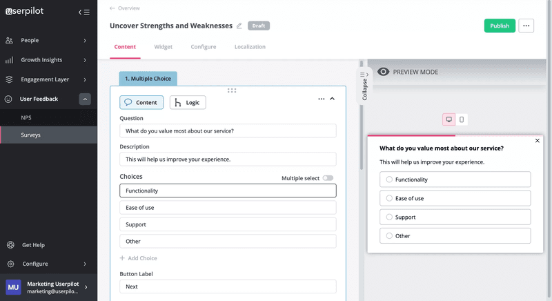 Creating close-ended survey questions in Userpilot.