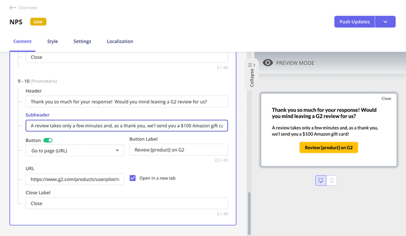 NPS follow up image with incentive to leave reviews userpilot