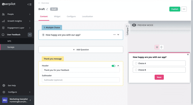 Create in-app surveys in Userpilot