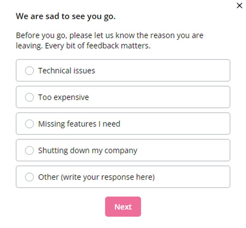 A screenshot of a churn survey