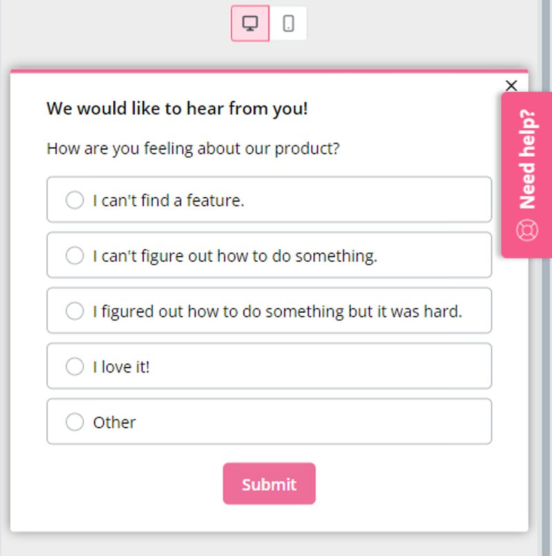 A screenshot of a customer feedback survey in Userpilot