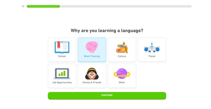 A screenshot of Duolingo's surveys capturing why a user is learning a language