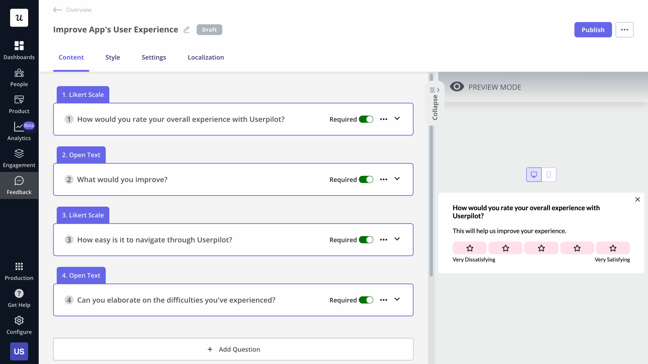 In-app survey created in Userpilot.