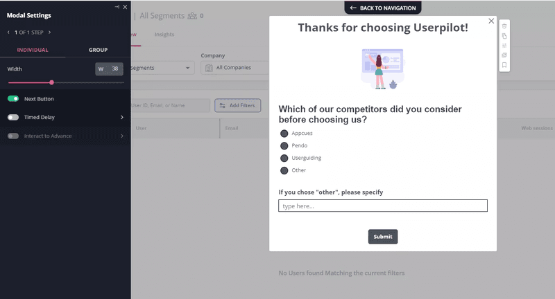 Userpilot enables you to embed surveys into modals