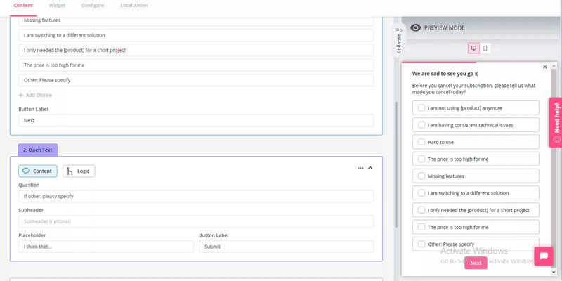 Design exit surveys in Userpilot