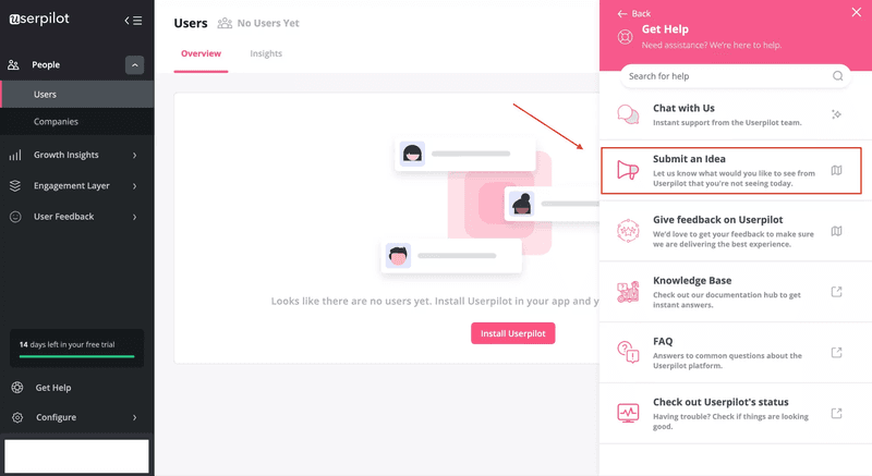 Submit a feature request in the Userpilot's resource center