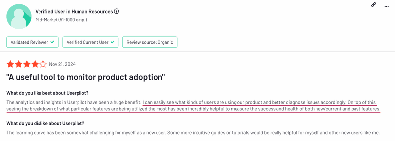 A user states how Userpilot analytics helped them easily diagnose areas for improvement.