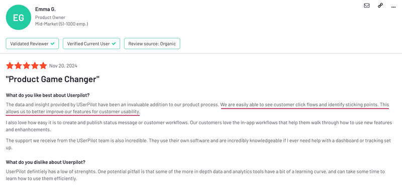 A user says it is easy to see customer flows and friction points in Userpilot.