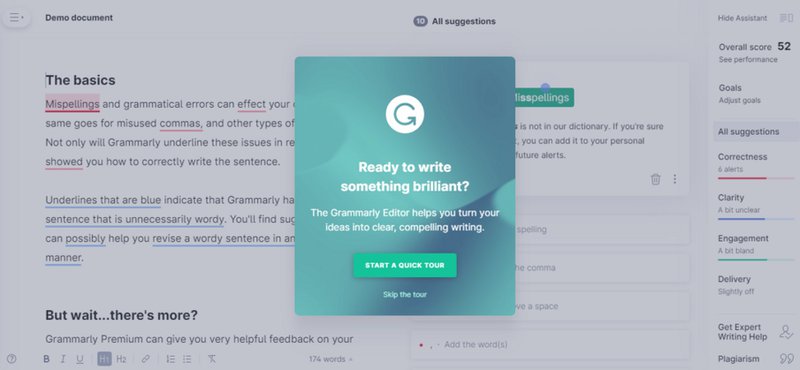 A screenshot of Grammarly's welcome screen that contains a product tour