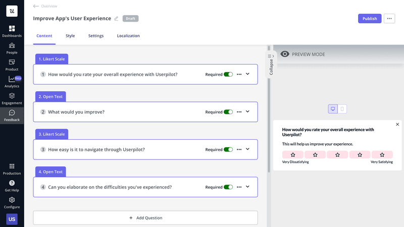 In-app survey created in Userpilot
