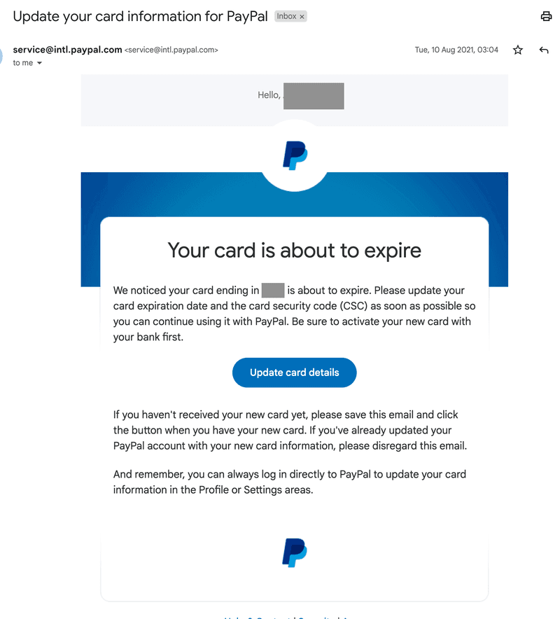 paypal card update email notification
