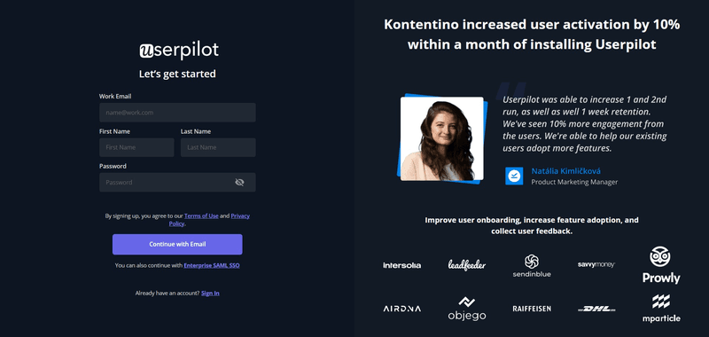 Customer Retention Marketing Tactics: Userpilot sign-up page
