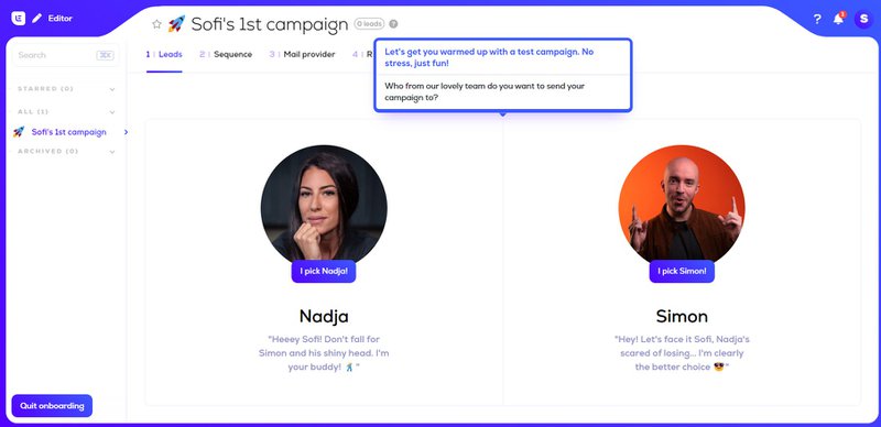 A screenshot of Lemlist's fun and engaging onboarding