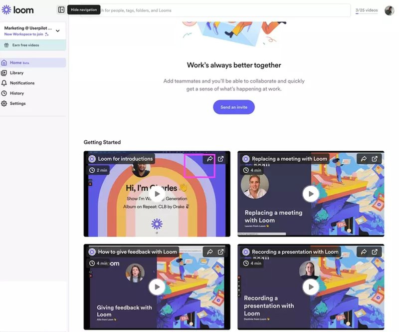 A screenshot of the video tutorials of the user onboarding of Loom