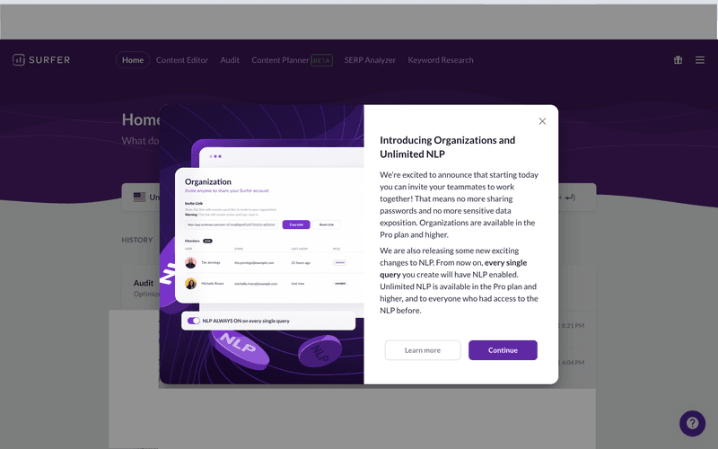 Surfer new feature onboarding
