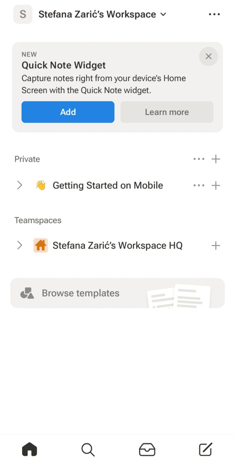 Initial Notion onboarding screen with templates