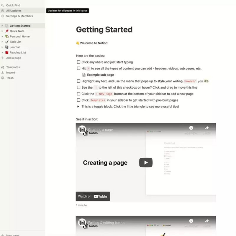 A screenshot of how Notion uses a empty state to educate their users on their product