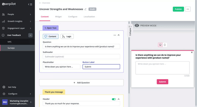 Creating open-ended survey questions in Userpilot