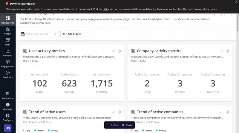 Payment reminder banner in Userpilot