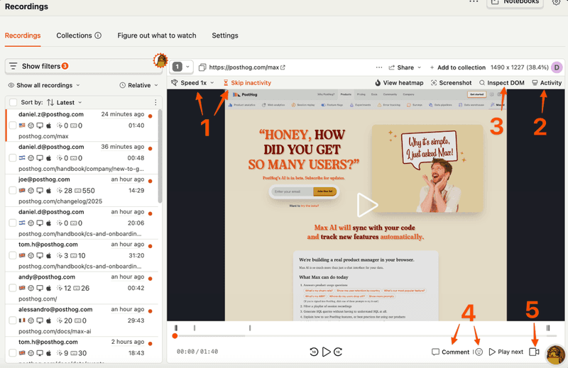 posthog session replay interface