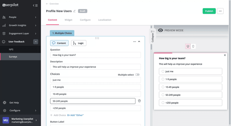 Profiling new users with a ratio scale survey question