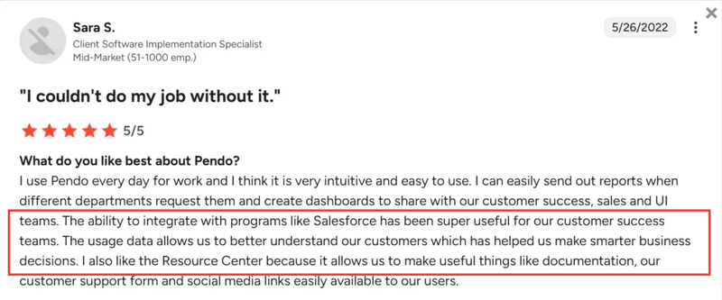 Sara-positive-review-pendo-salesforce-integration.png