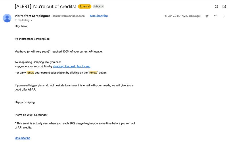 ScrapingBee customer retention email 