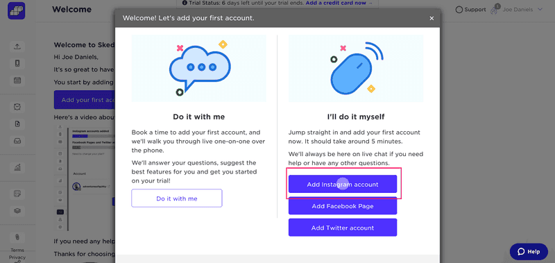 Sked Social welcome modal created with Userpilot.