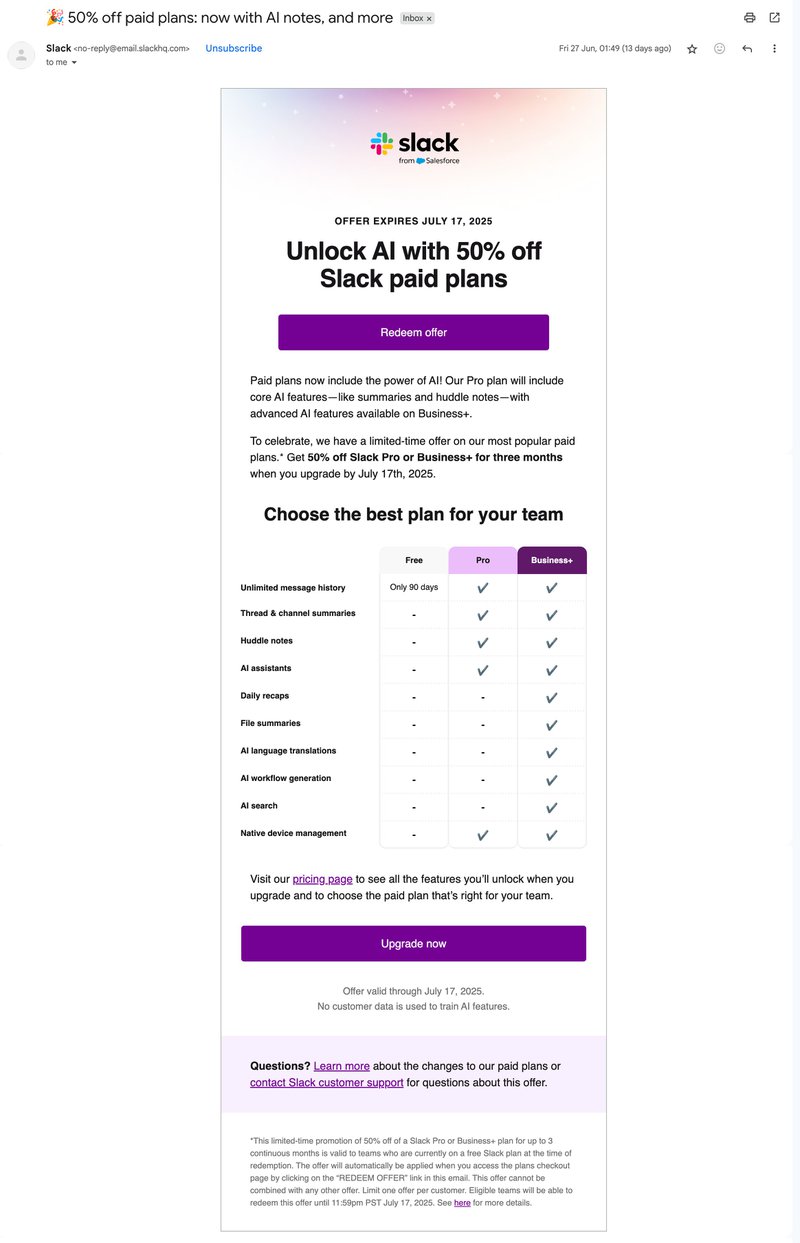 Slack promotional customer retention email 