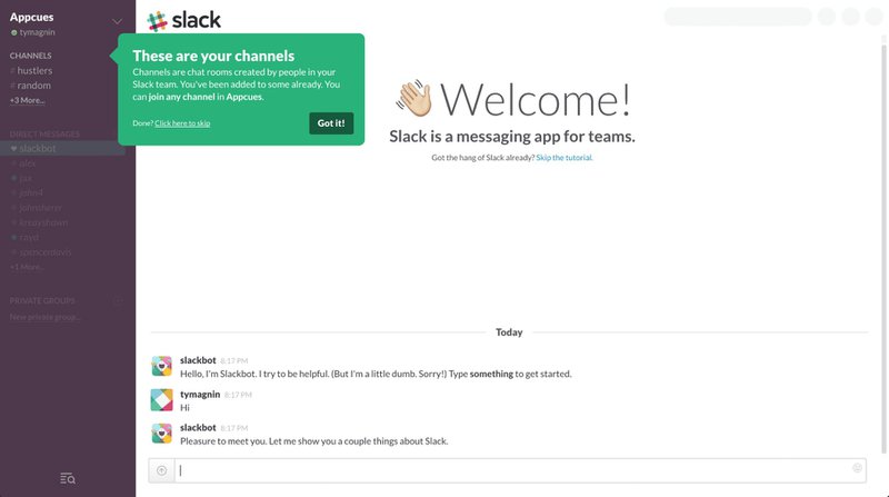 A screenshot of an onboarding UX examples from Slack using tooltips