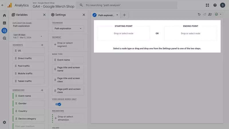 Choose the Starting or Ending point to generate the path exploration/behavior flow report