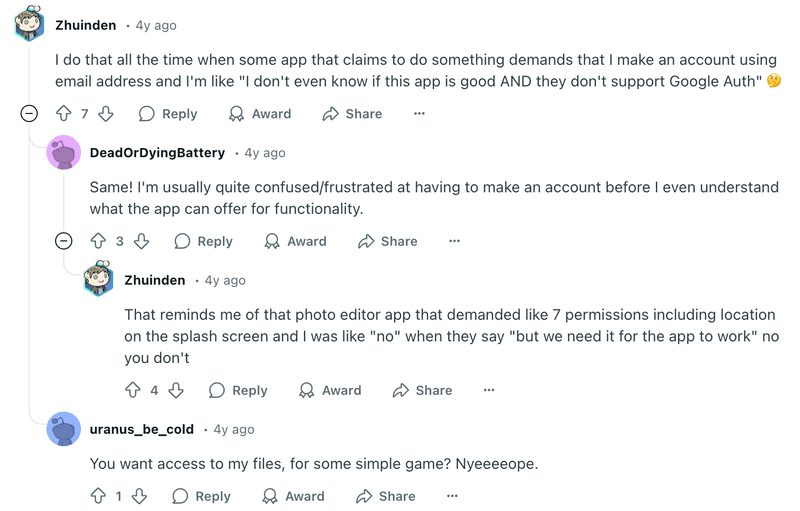 Subreddit discussion on creating accounts in apps.