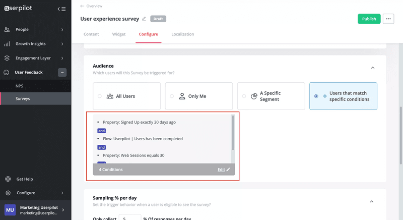 Trigger in-app surveys based on behavioral conditions in Userpilot