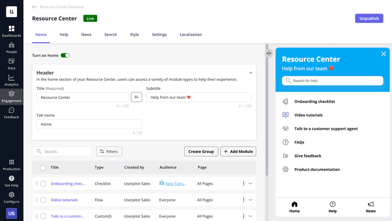 Customer onboarding best practices: offer self-service support via a resource center.