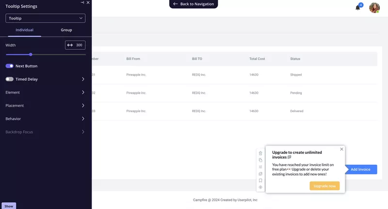 In-app upsell message triggering in Userpilot.