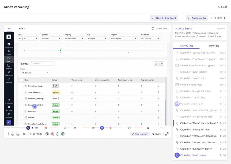 Clicking on the actions in the activity log takes you to a specific session recording part.