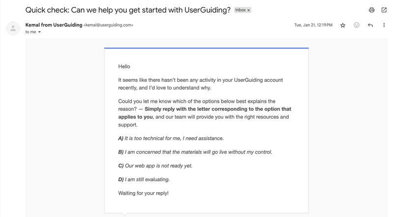 UserGuiding feedback email strategy