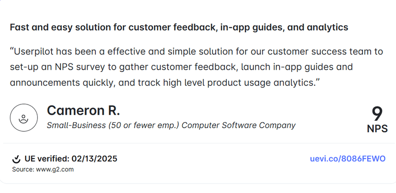 UserEvidence review from a Userpilot customer.