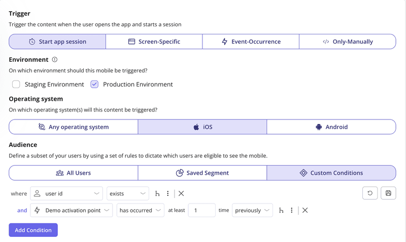 Mobile app onboarding segmentation with Userpilot showing app onboarding best practices