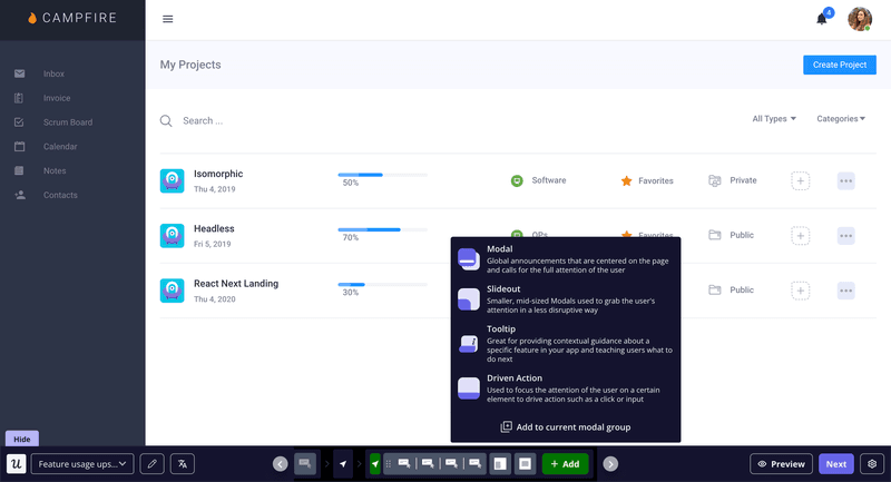 Userpilot dashboard showing various project onboarding UI patterns