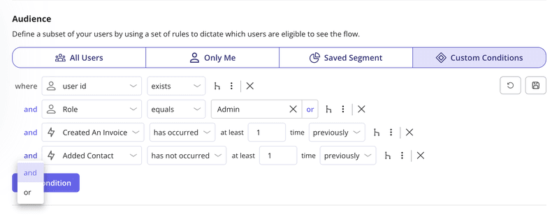 Userpilot audience conditions panel showing role- and event-based segmentation 