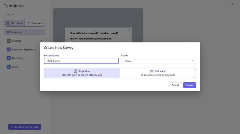 Customer satisfaction survey: 4: Name the survey and choose the view