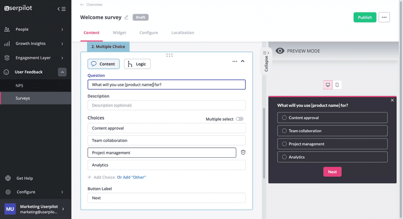 Creating welcome surveys in Userpilot