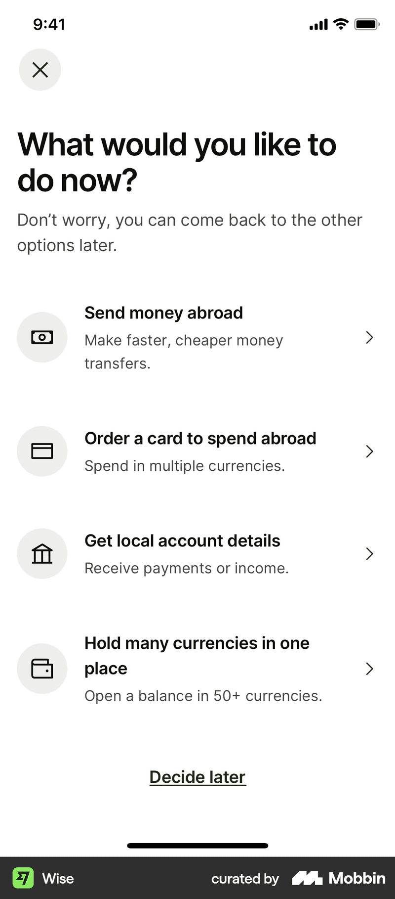 Wise onboarding screen demonstrating app onboarding best practices