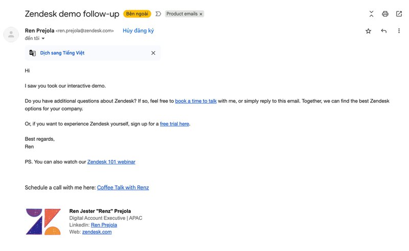 Zendesk email with self-serve and sales-led follow-up options after demo